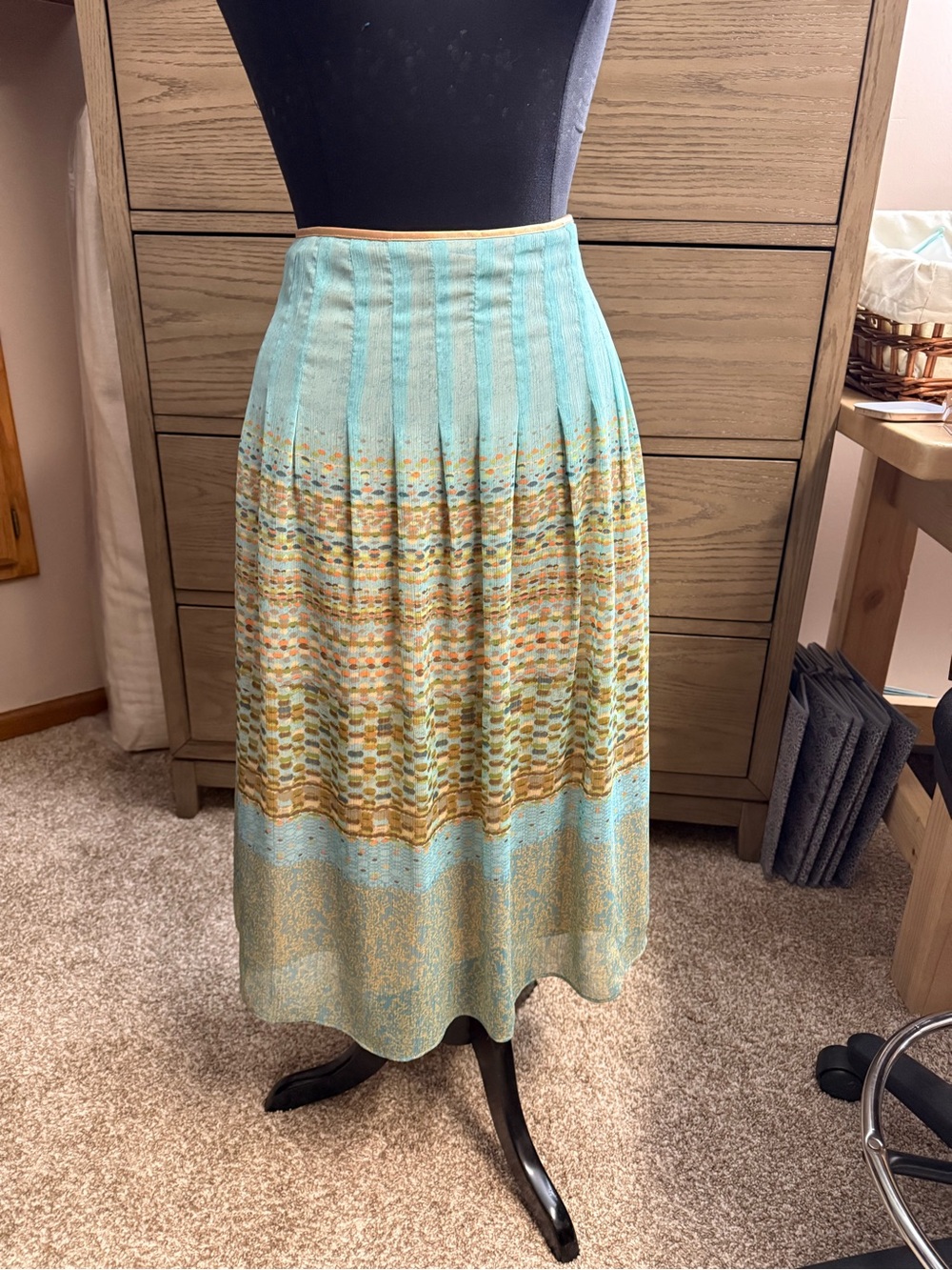 Christopher & Banks Aqua and Gold Pleated Midi Skirt